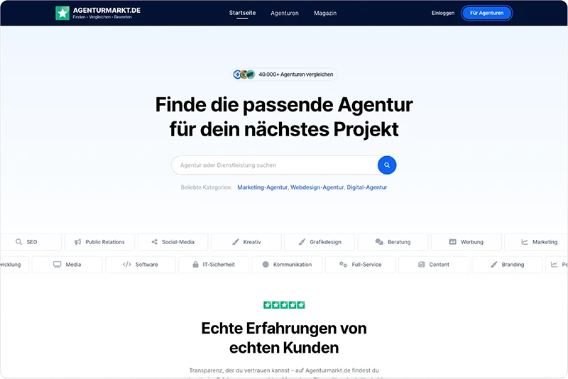Screenshots der Software Plattform Agenturmarkt.de